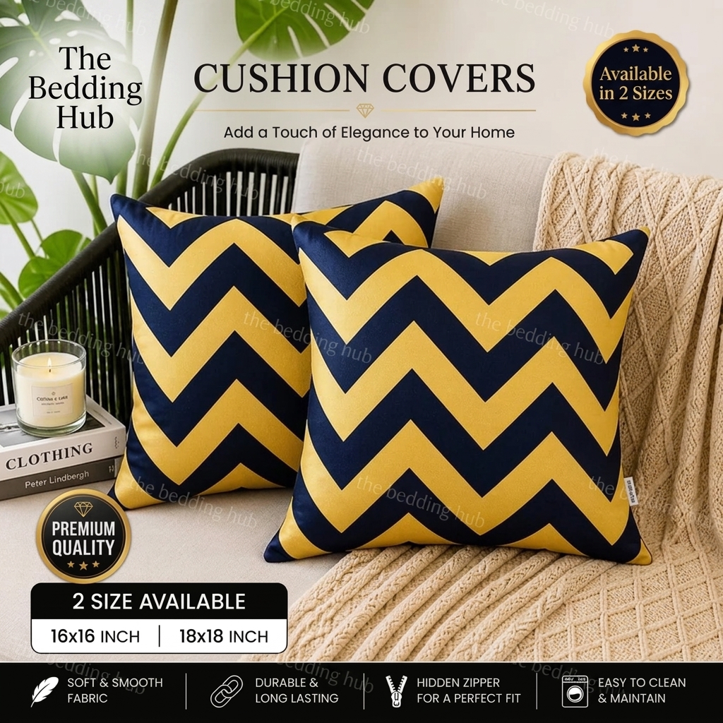 Luxury Yellow & Black Chevron Cushion Cover 16x16 Inch – Modern Decorative Sofa Cushion Cover