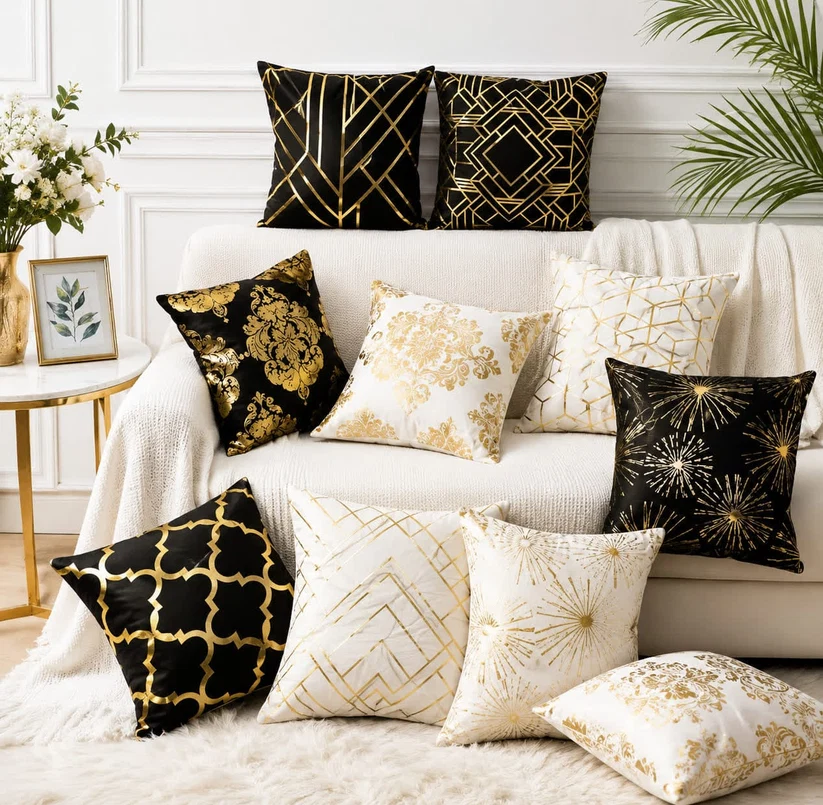 Luxury White & Gold Velvet Cushion Cover 16x16 Inch – Premium Decorative Sofa Cushion Cover
