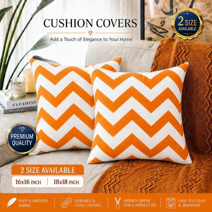 Premium Orange & White Zigzag Cushion Cover 16x16  – Modern Decorative Sofa Cushion Cover