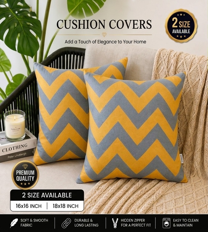 Premium Yellow & Grey Chevron Cushion Cover 16x16 Inch – Modern Decorative Sofa Cushion Cover