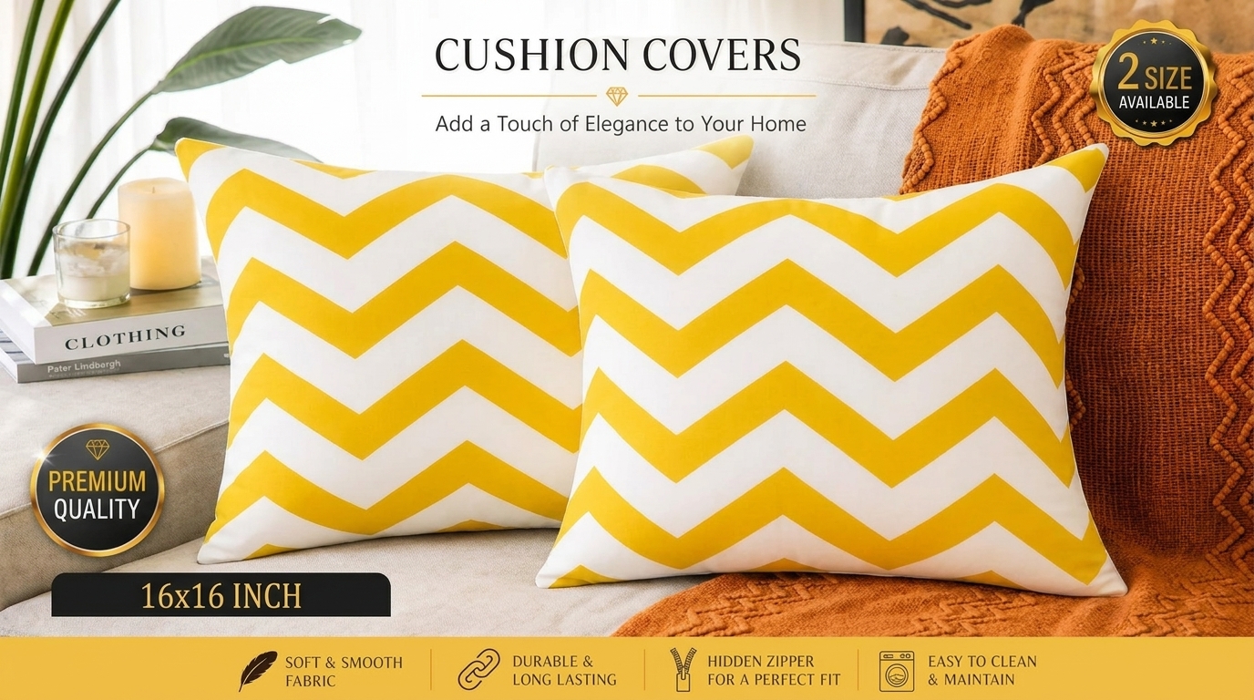 Premium Yellow & White Chevron Cushion Cover 16x16 Inch – Modern Decorative Sofa Cushion Cover