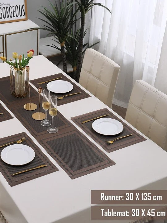 5 Pieces Brown PVC Placemats with Table Runner