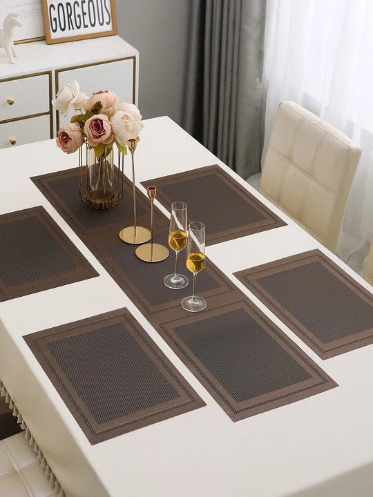 5 Pieces Brown PVC Placemats with Table Runner alternate