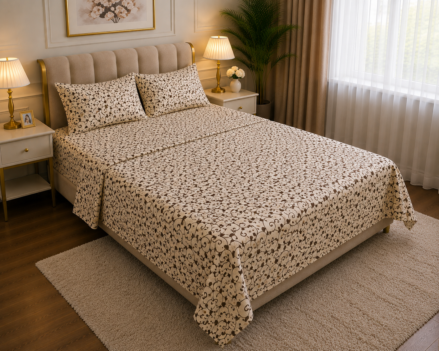 Premium Cotton King Size Bedsheet – Brown Floral Printed 3-Piece Bedding Set