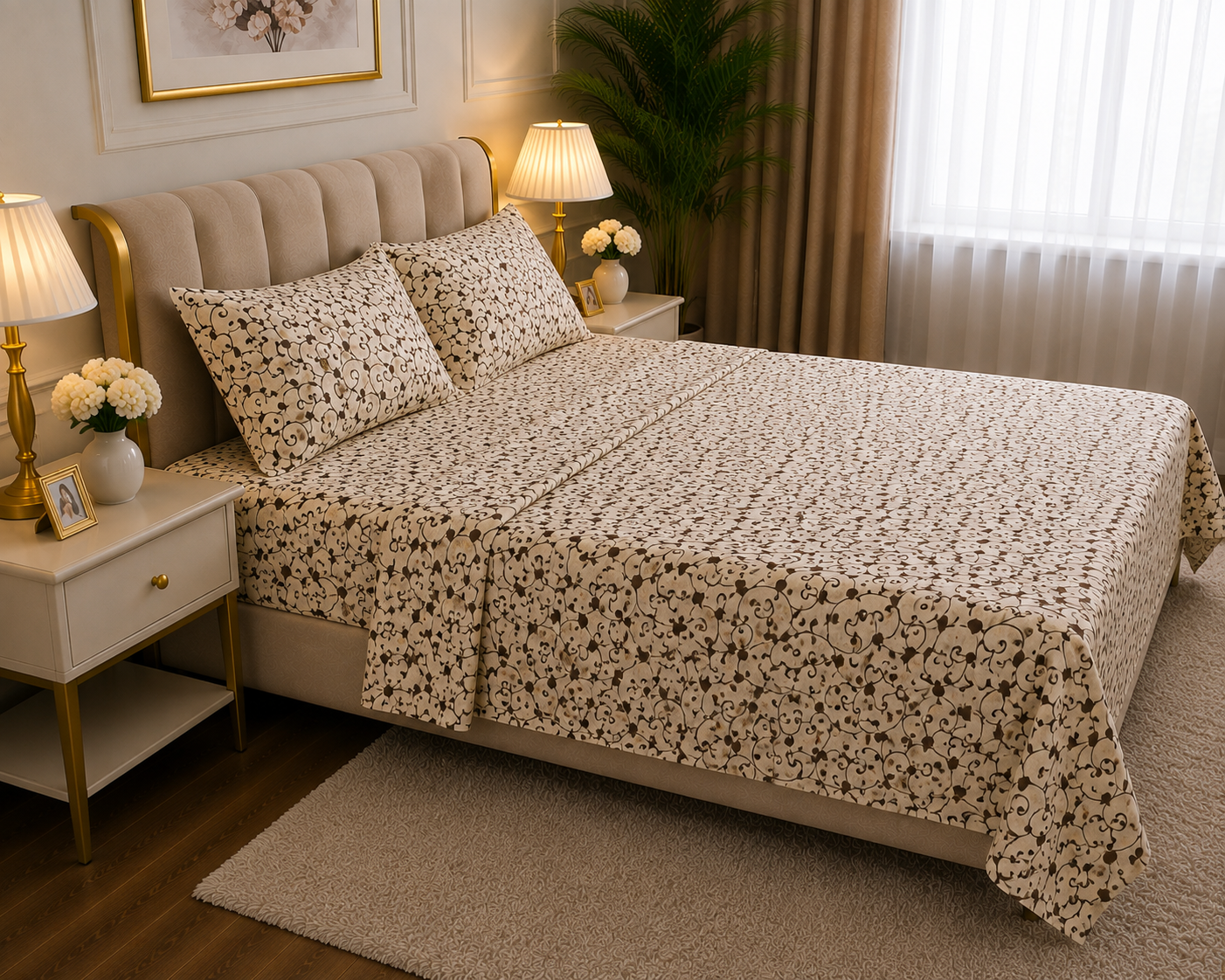 Premium Cotton King Size Bedsheet – Brown Floral Printed 3-Piece Bedding Set alternate