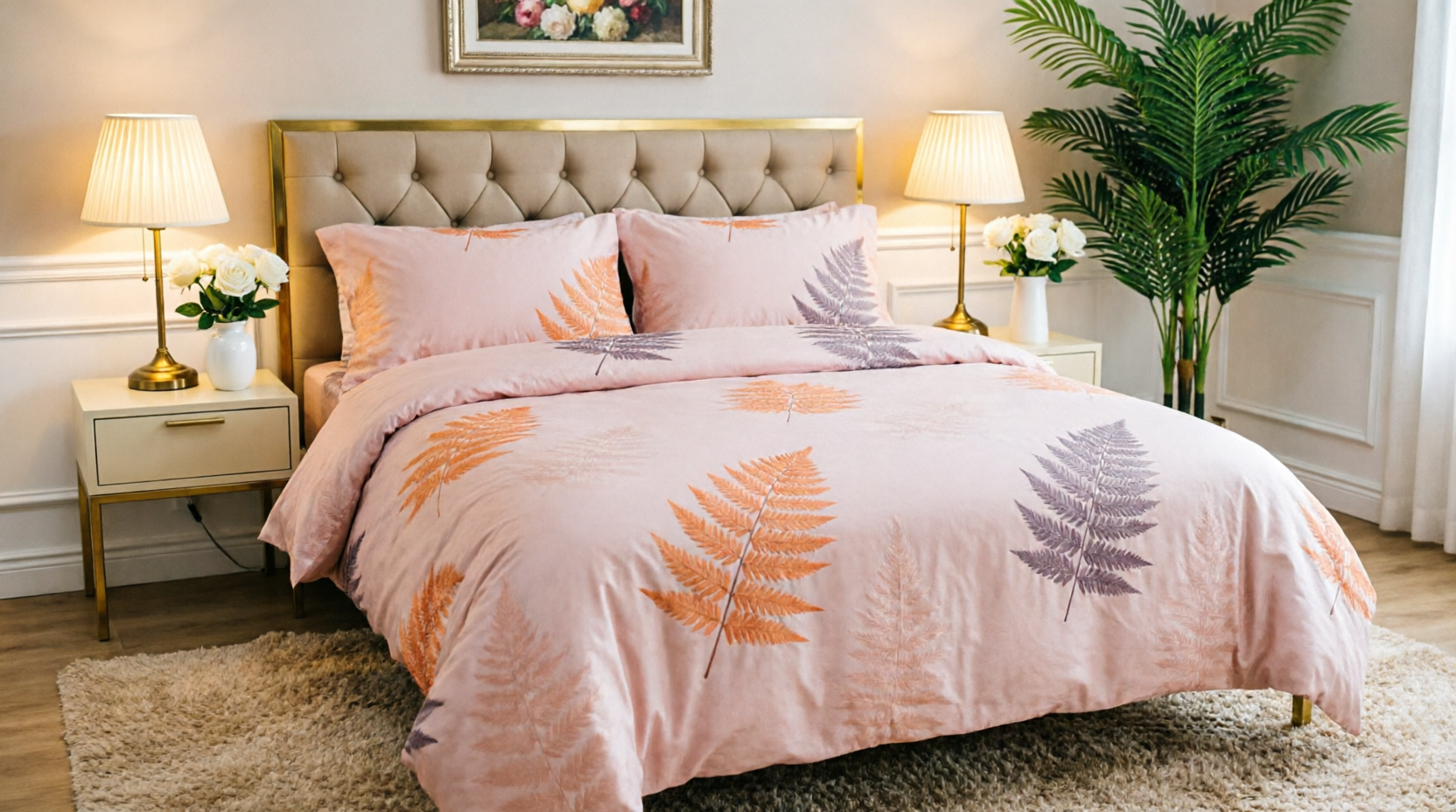 Pink Botanical King Size Bedsheet Set – Soft Cotton 3-Piece