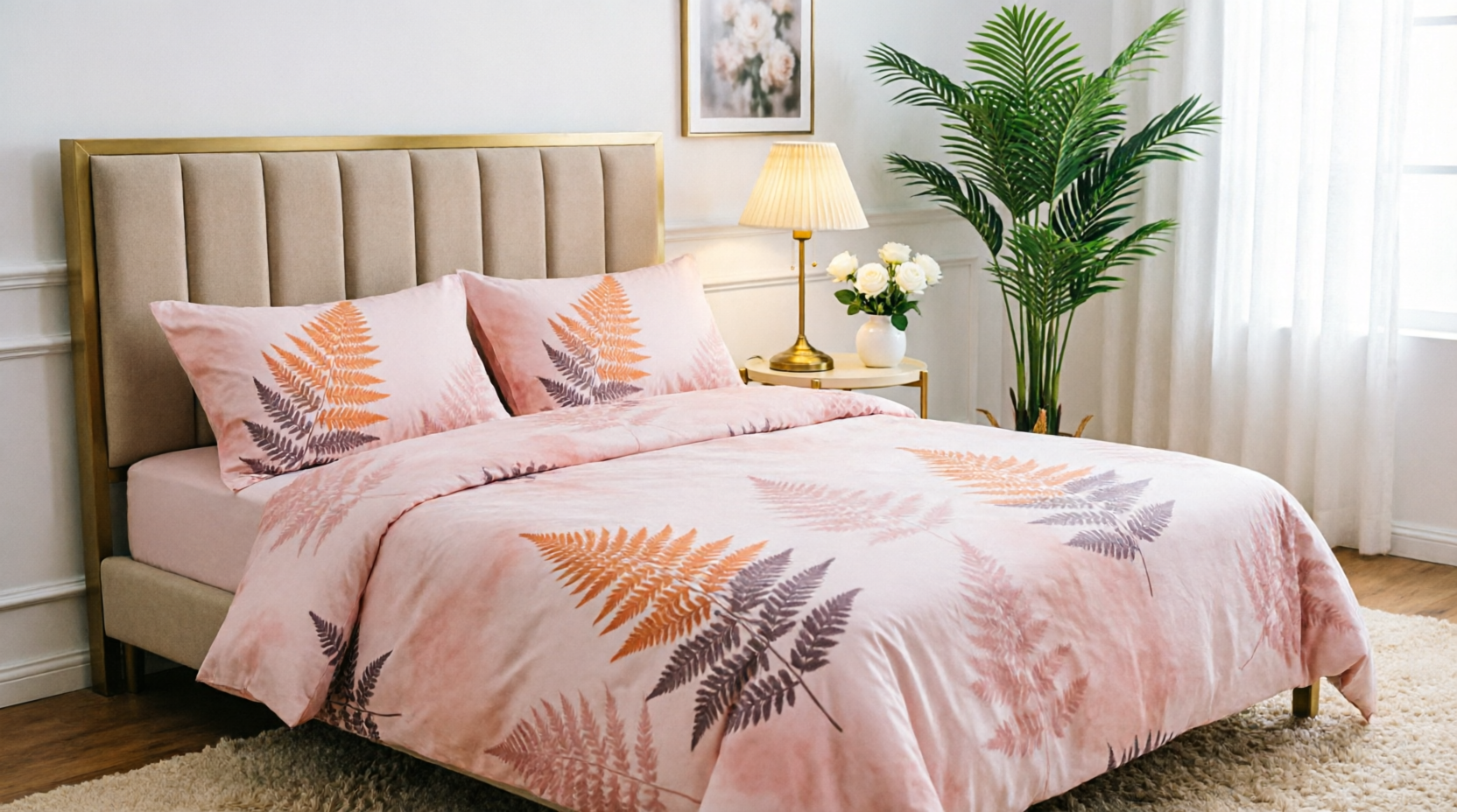 Pink Botanical King Size Bedsheet Set – Soft Cotton 3-Piece alternate