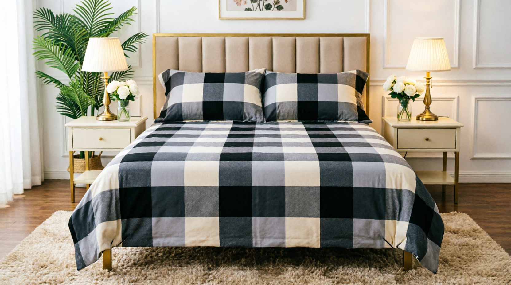 King Size Checkered Fitted Bedsheet Set – Black & Gray Plaid Elastic Bed Sheet with 2 Pillow Covers (3-Piece)