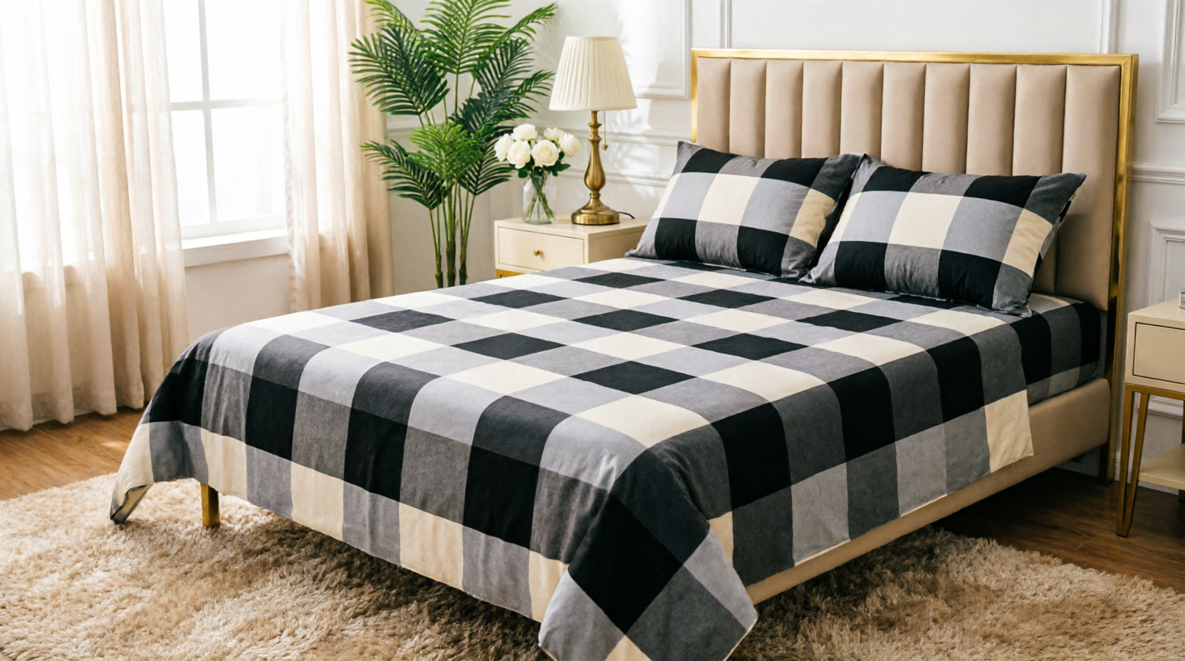 King Size Checkered Fitted Bedsheet Set – Black & Gray Plaid Elastic Bed Sheet with 2 Pillow Covers (3-Piece) alternate