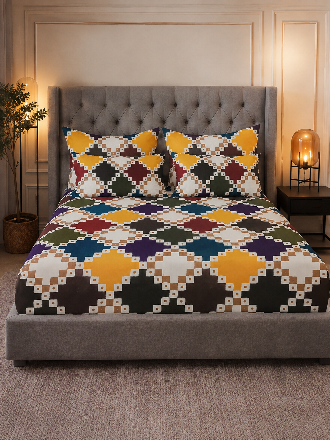 King Size Multicolor Diamond Printed Fitted Bedsheet Set – Colorful Geometric Bed Sheet with 2 Pillow Covers (3-Piece)