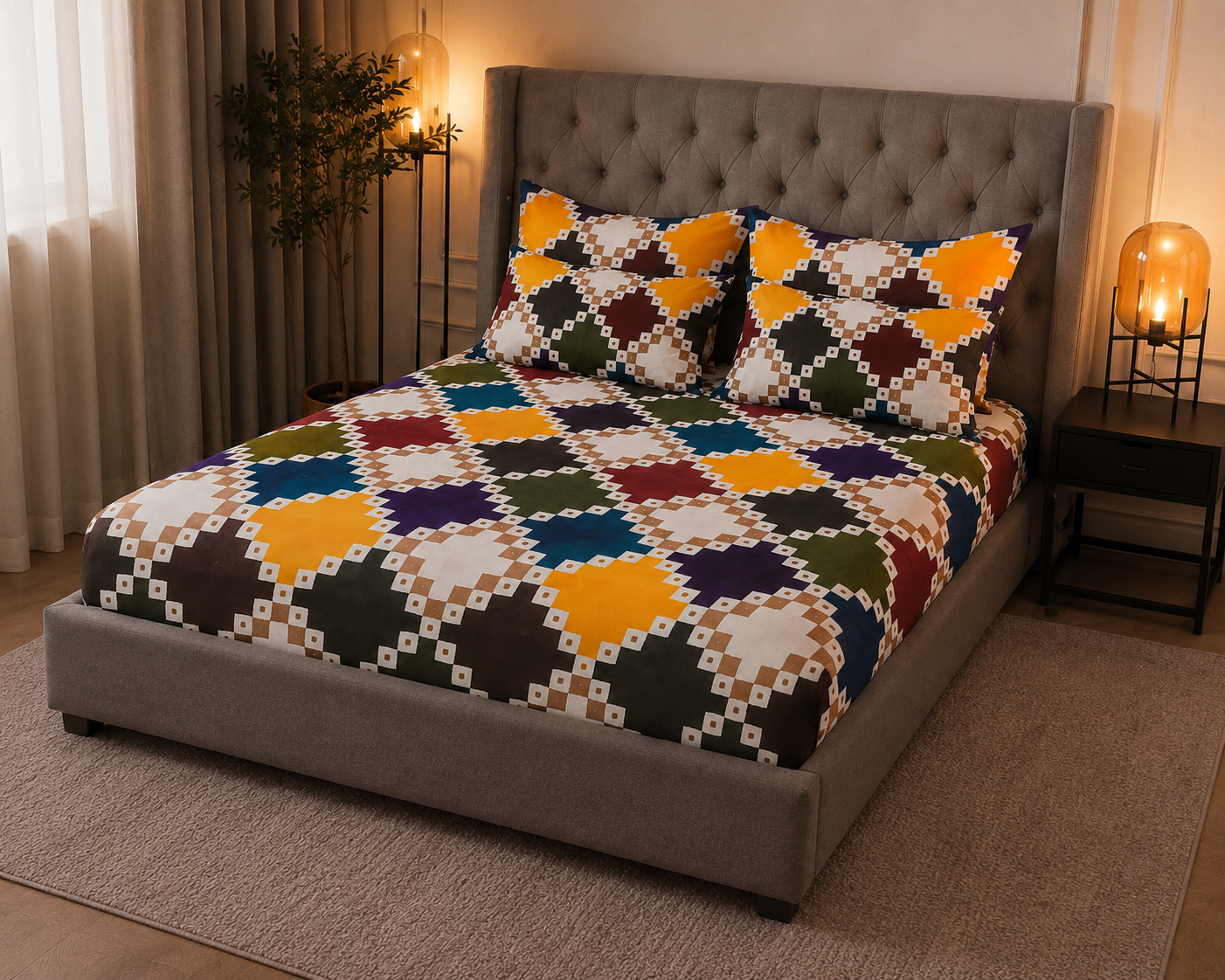 King Size Multicolor Diamond Printed Fitted Bedsheet Set – Colorful Geometric Bed Sheet with 2 Pillow Covers (3-Piece) alternate