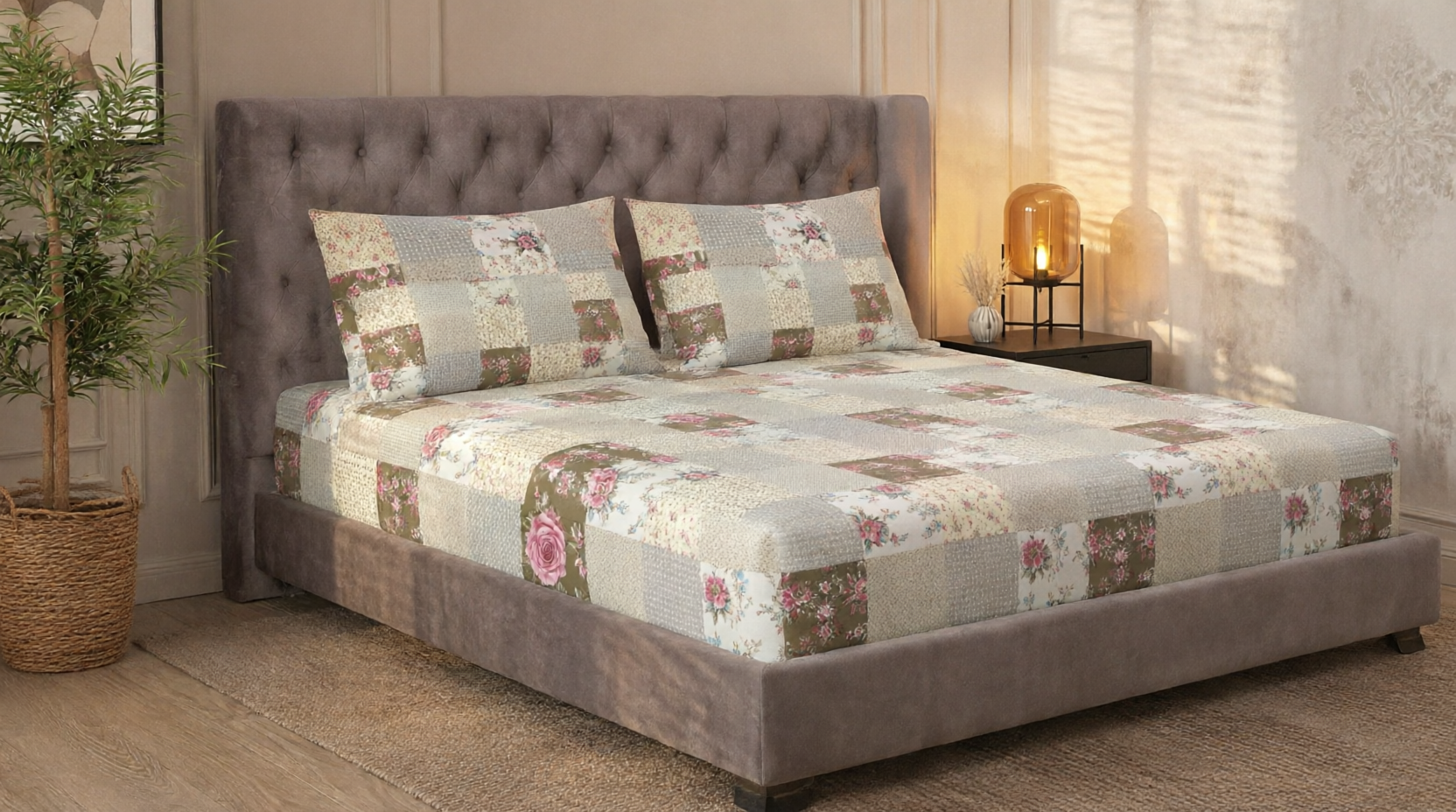 King Size Patchwork Floral Fitted Bedsheet Set – Vintage Rose Print Bed Sheet with 2 Pillow Covers (3-Piece)  alternate
