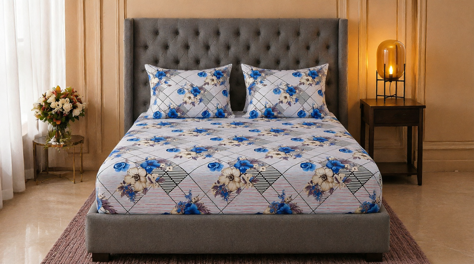 King Size Blue Rose Floral Fitted Bedsheet Set – Diamond Grid Print Bed Sheet with 2 Pillow Covers (3-Piece)