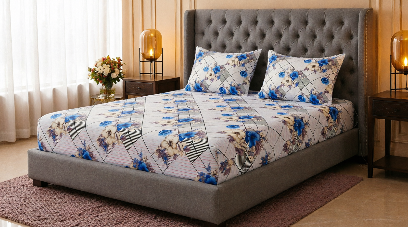 King Size Blue Rose Floral Fitted Bedsheet Set – Diamond Grid Print Bed Sheet with 2 Pillow Covers (3-Piece) alternate
