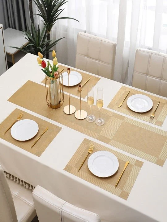 5 Pieces Golden PVC Washable Placemats with Runner