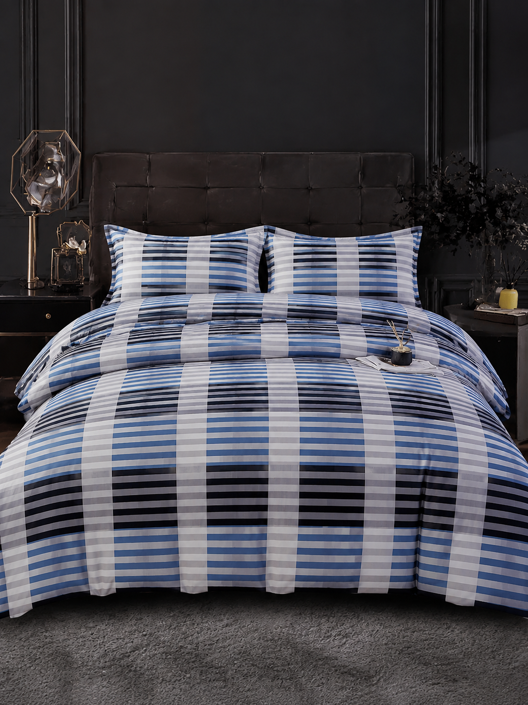 Blue & Grey Checkered Stripe Bedsheet Set – Premium Cotton (King Size)
