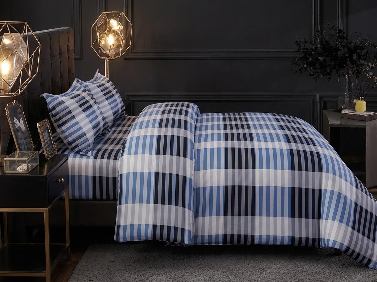 Blue & Grey Checkered Stripe Bedsheet Set – Premium Cotton (King Size) alternate
