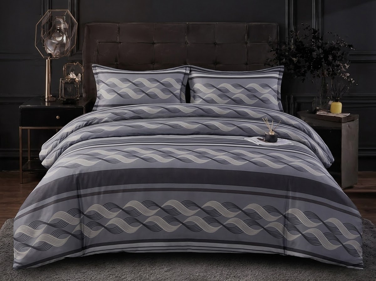 Grey Wave Print Bedsheet Set – Premium Cotton