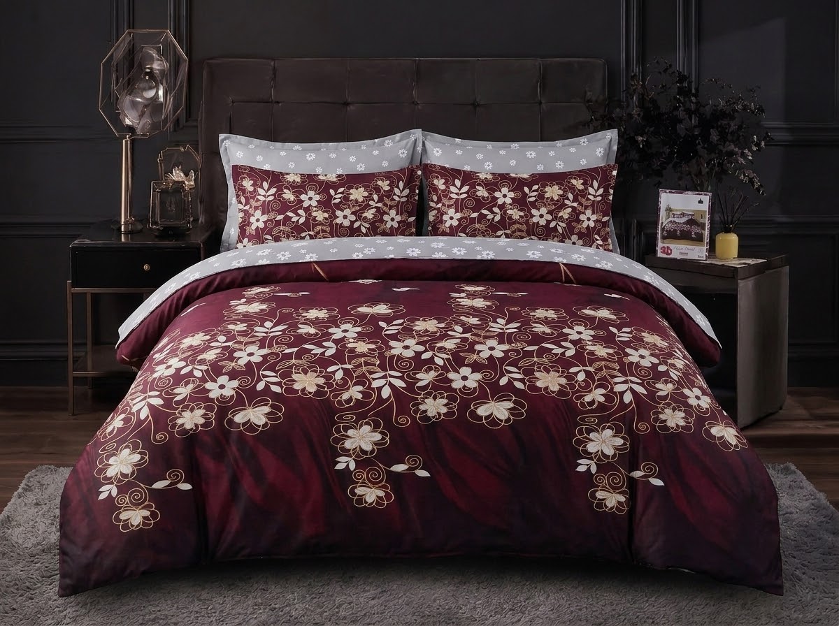 Maroon Floral Bedsheet Set – 3D Printed Cotton