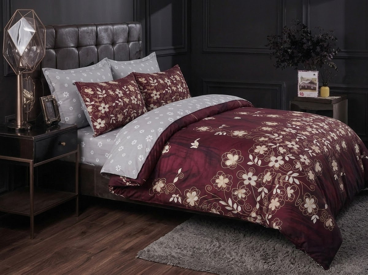 Maroon Floral Bedsheet Set – 3D Printed Cotton alternate