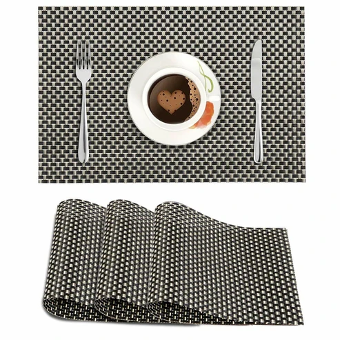 Woven Black Check Table Placemats – 2/4/6/8 Pcs Waterproof PVC Set